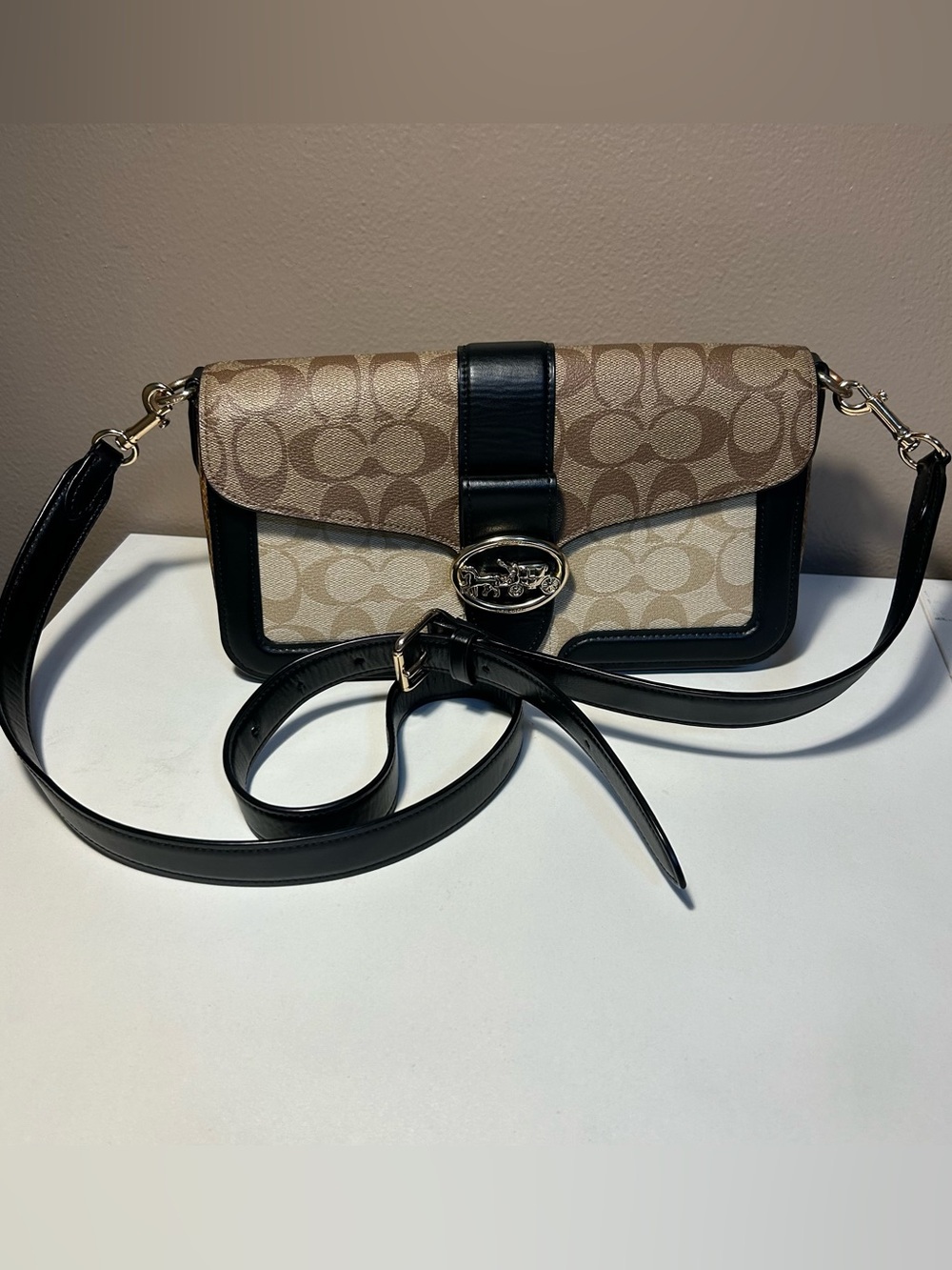 Coach Georgie Crossbody Shoulder Bag Blocked Signature Canvas Gold Khaki Black